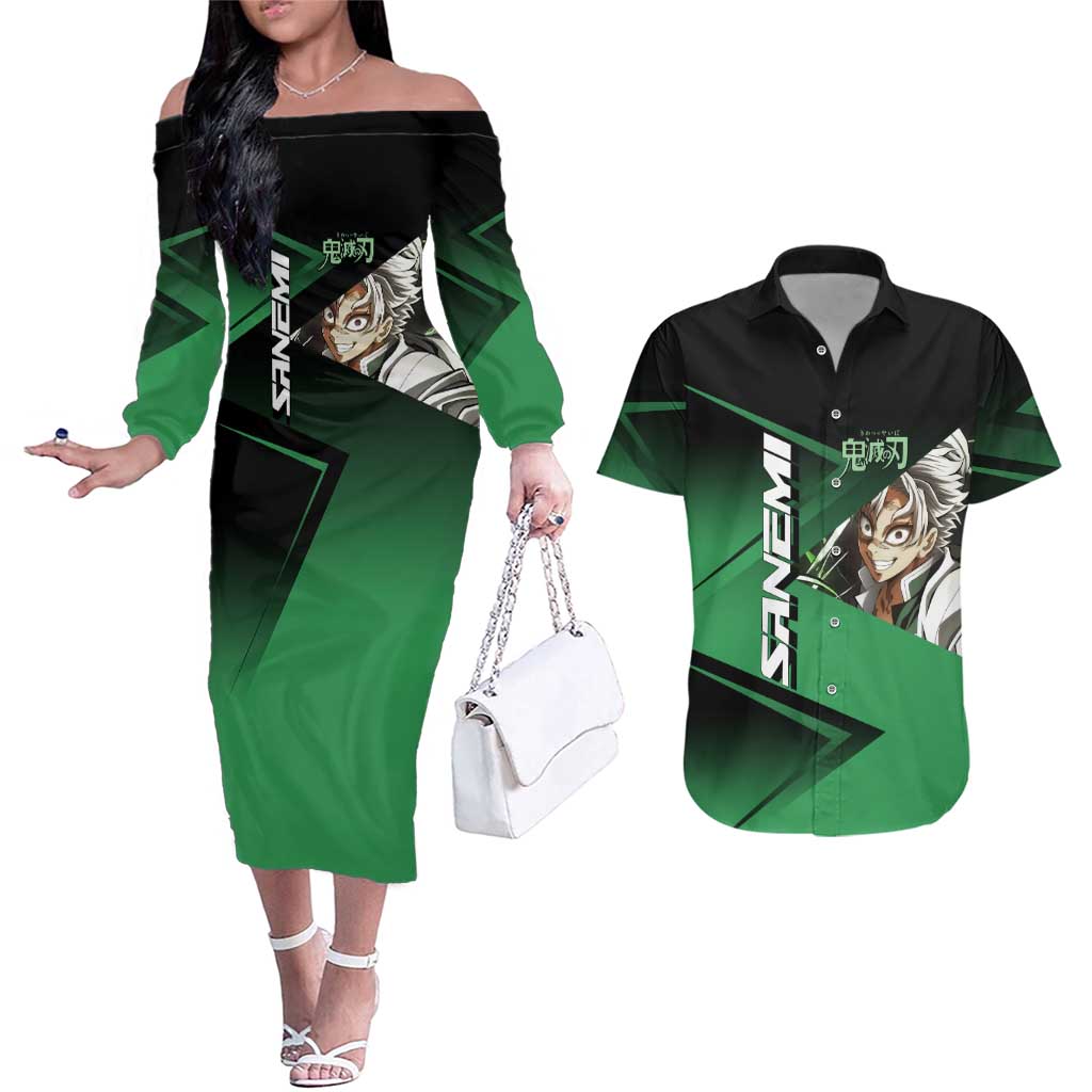 Sanemi Shinazugawa Wind Rally Couples Matching Off The Shoulder Long Sleeve Dress and Hawaiian Shirt Sporty Anime Mashup Style