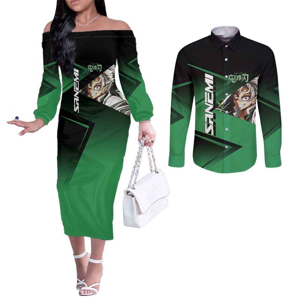 Sanemi Shinazugawa Wind Rally Couples Matching Off The Shoulder Long Sleeve Dress and Long Sleeve Button Shirt Sporty Anime Mashup Style