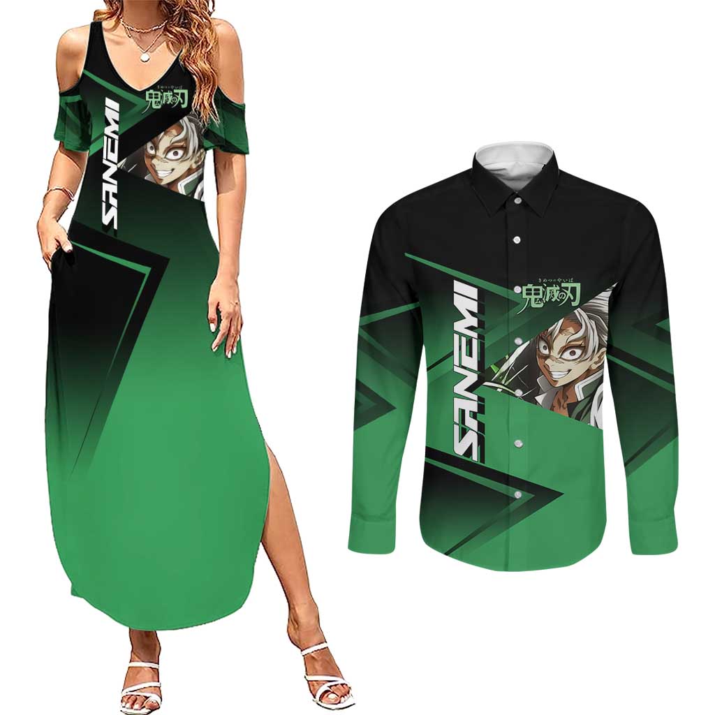 Sanemi Shinazugawa Wind Rally Couples Matching Summer Maxi Dress and Long Sleeve Button Shirt Sporty Anime Mashup Style
