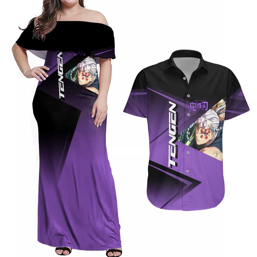 Tengen Uzui Sound Hashira Couples Matching Off Shoulder Maxi Dress and Hawaiian Shirt Sporty Anime Mashup Style