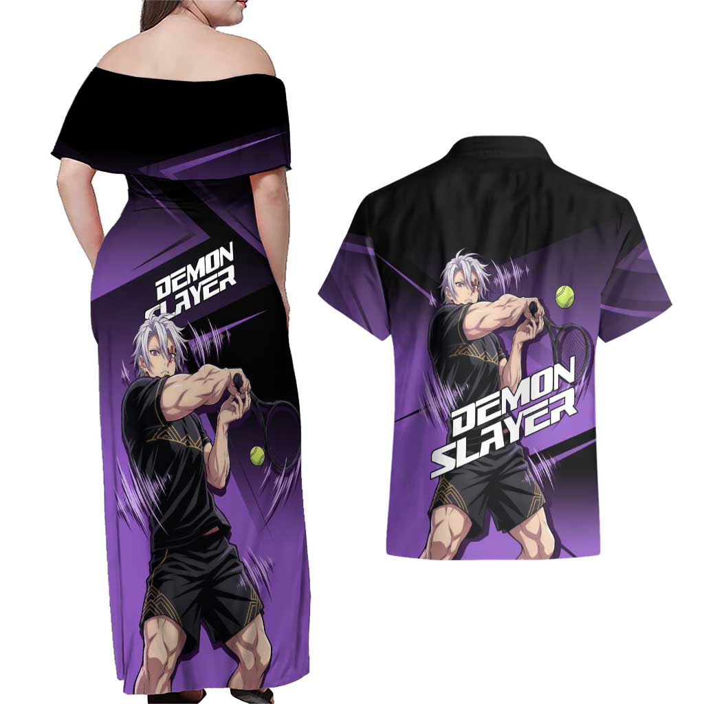 Tengen Uzui Sound Hashira Couples Matching Off Shoulder Maxi Dress and Hawaiian Shirt Sporty Anime Mashup Style
