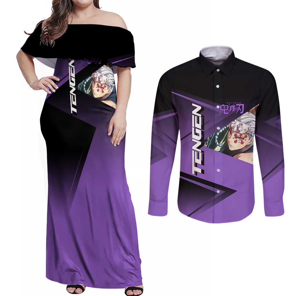 Tengen Uzui Sound Hashira Couples Matching Off Shoulder Maxi Dress and Long Sleeve Button Shirt Sporty Anime Mashup Style