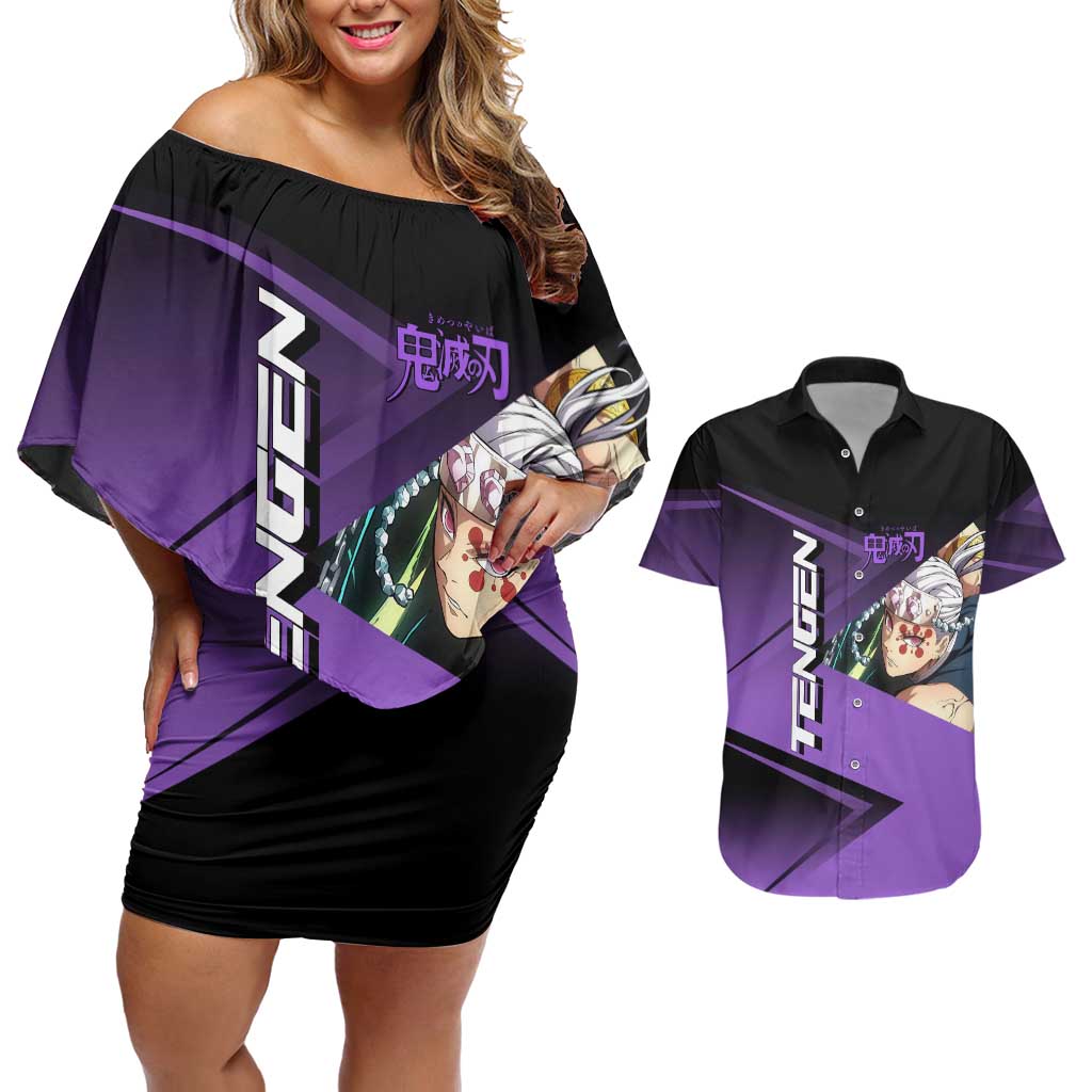 Tengen Uzui Sound Hashira Couples Matching Off Shoulder Short Dress and Hawaiian Shirt Sporty Anime Mashup Style