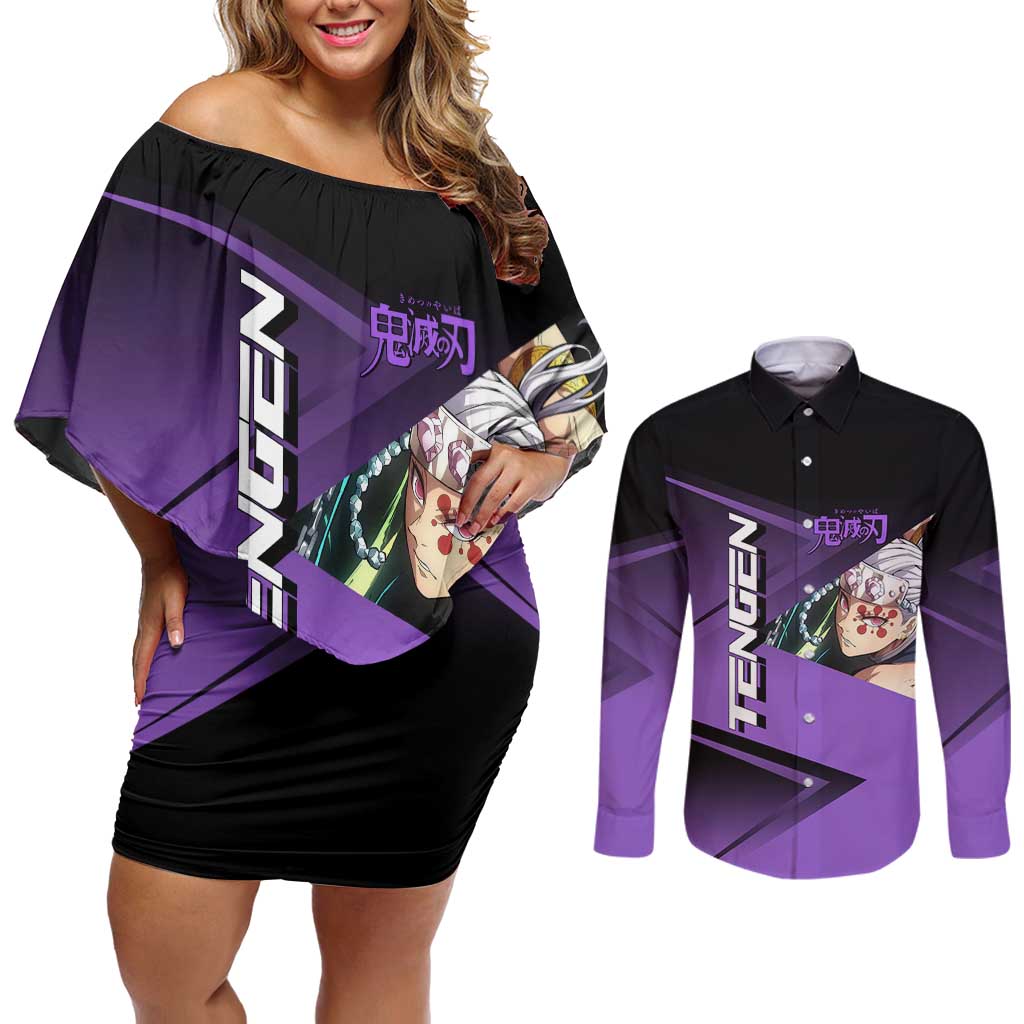 Tengen Uzui Sound Hashira Couples Matching Off Shoulder Short Dress and Long Sleeve Button Shirt Sporty Anime Mashup Style