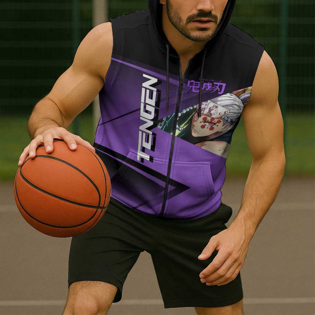 Tengen Uzui Sound Hashira Sleeveless Zip Hoodie Sporty Anime Mashup Style