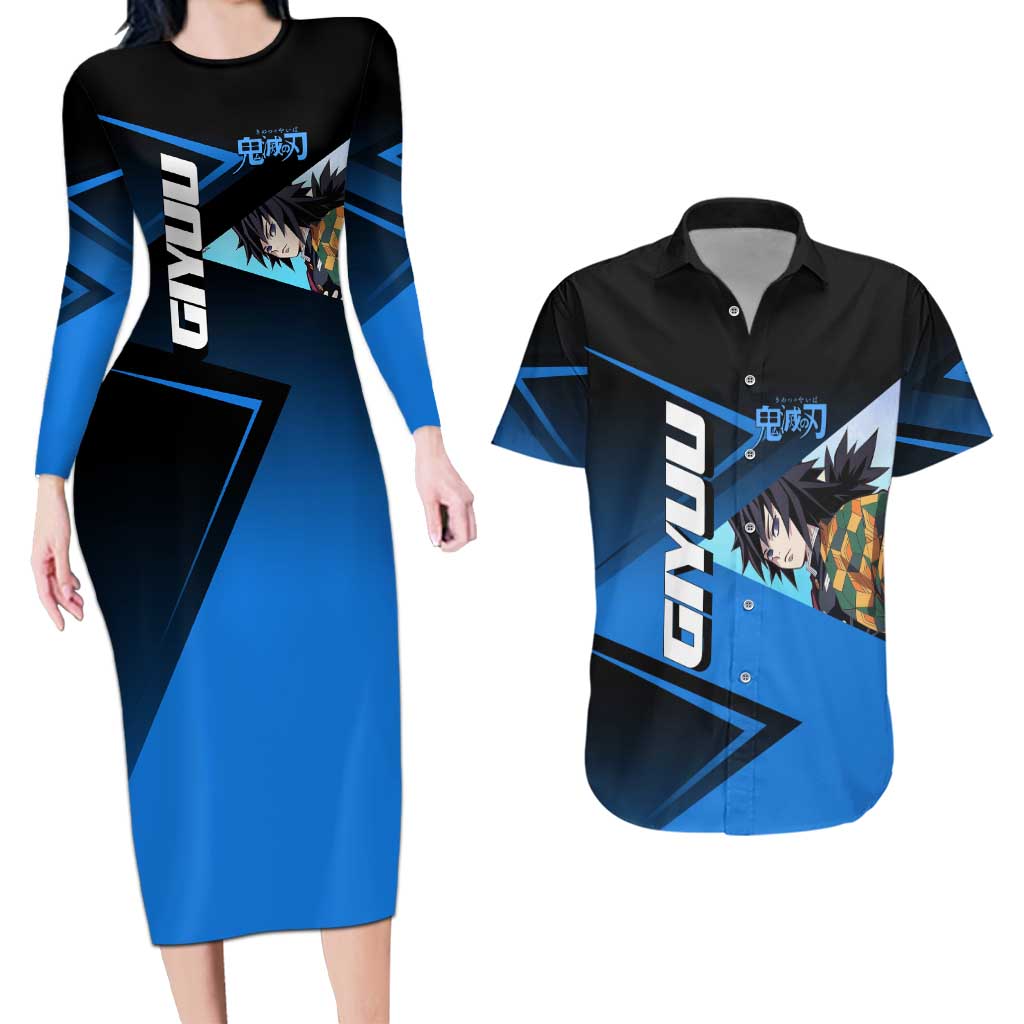 Giyuu Tomioka Water Serve Couples Matching Long Sleeve Bodycon Dress and Hawaiian Shirt Sporty Anime Mashup Style