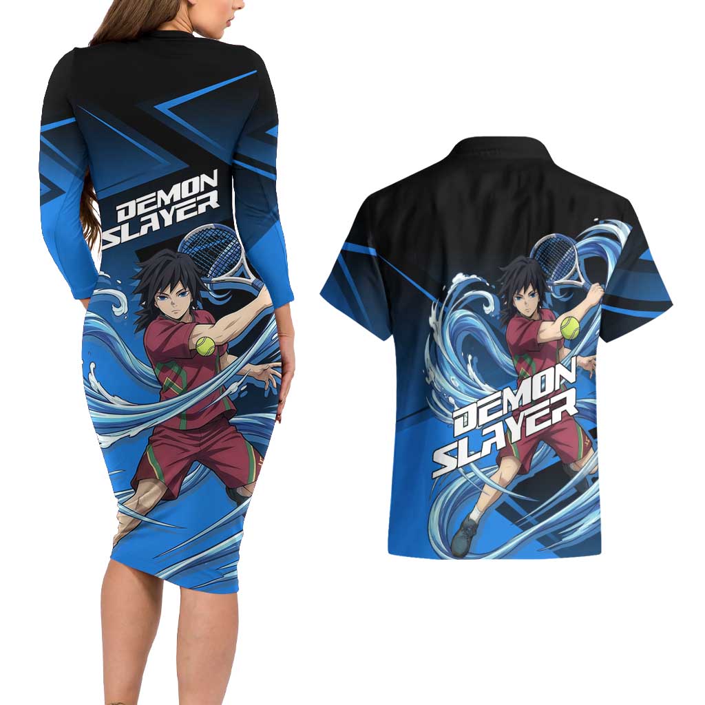 Giyuu Tomioka Water Serve Couples Matching Long Sleeve Bodycon Dress and Hawaiian Shirt Sporty Anime Mashup Style