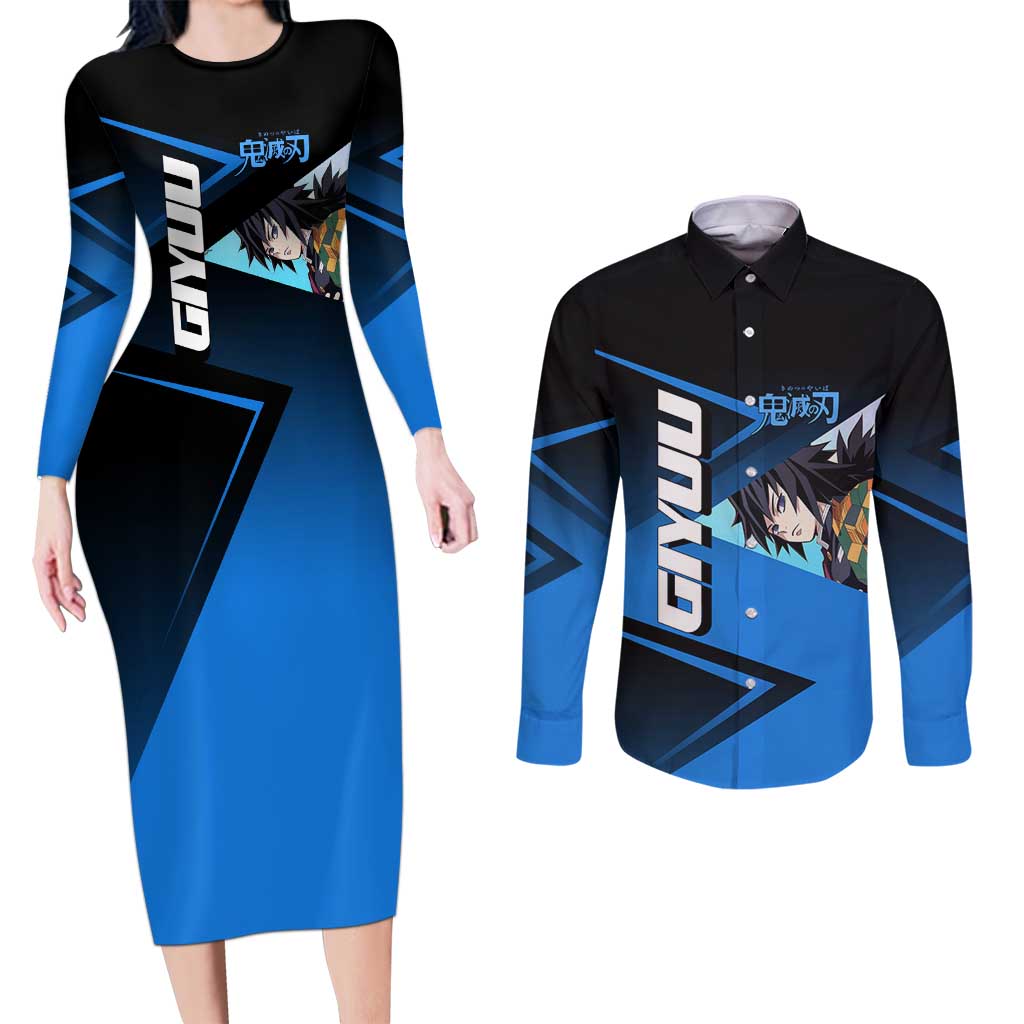 Giyuu Tomioka Water Serve Couples Matching Long Sleeve Bodycon Dress and Long Sleeve Button Shirt Sporty Anime Mashup Style