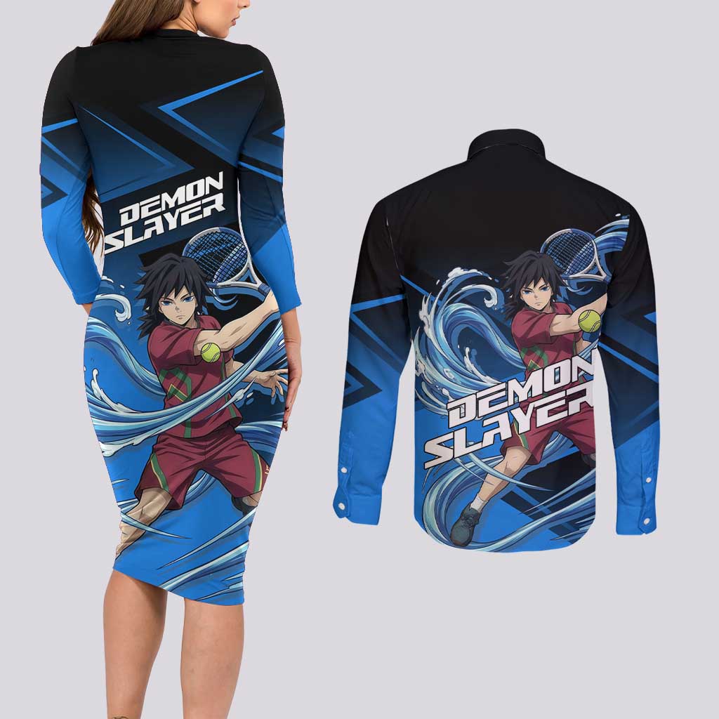 Giyuu Tomioka Water Serve Couples Matching Long Sleeve Bodycon Dress and Long Sleeve Button Shirt Sporty Anime Mashup Style