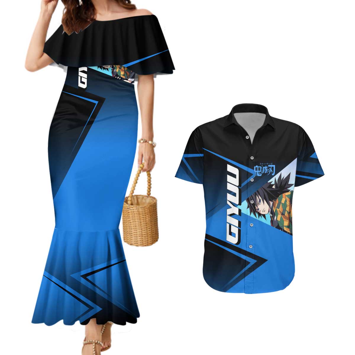 Giyuu Tomioka Water Serve Couples Matching Mermaid Dress and Hawaiian Shirt Sporty Anime Mashup Style