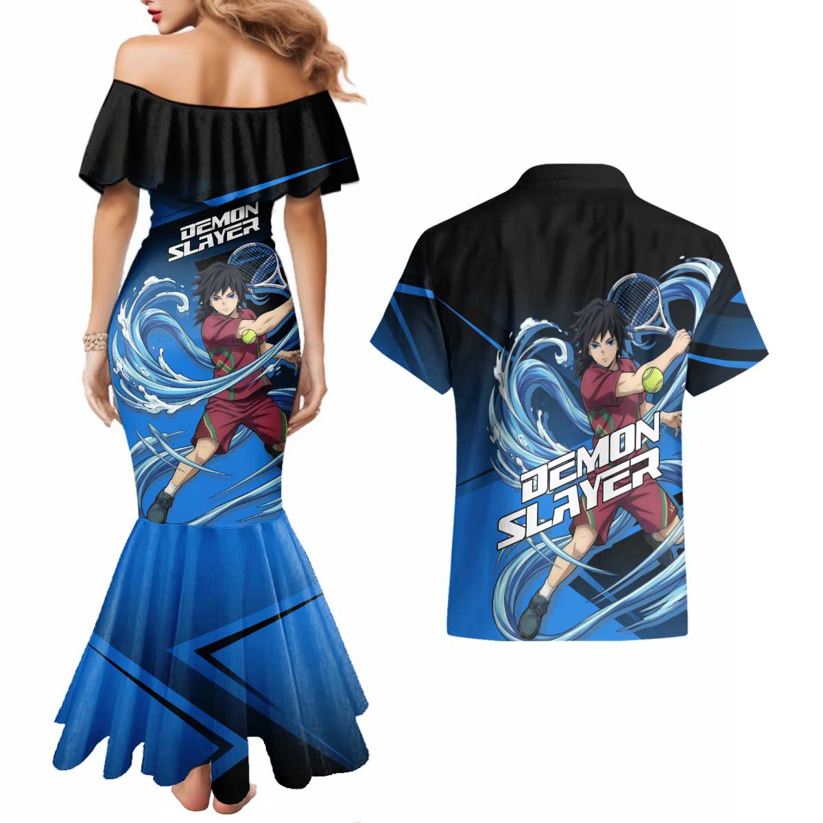 Giyuu Tomioka Water Serve Couples Matching Mermaid Dress and Hawaiian Shirt Sporty Anime Mashup Style