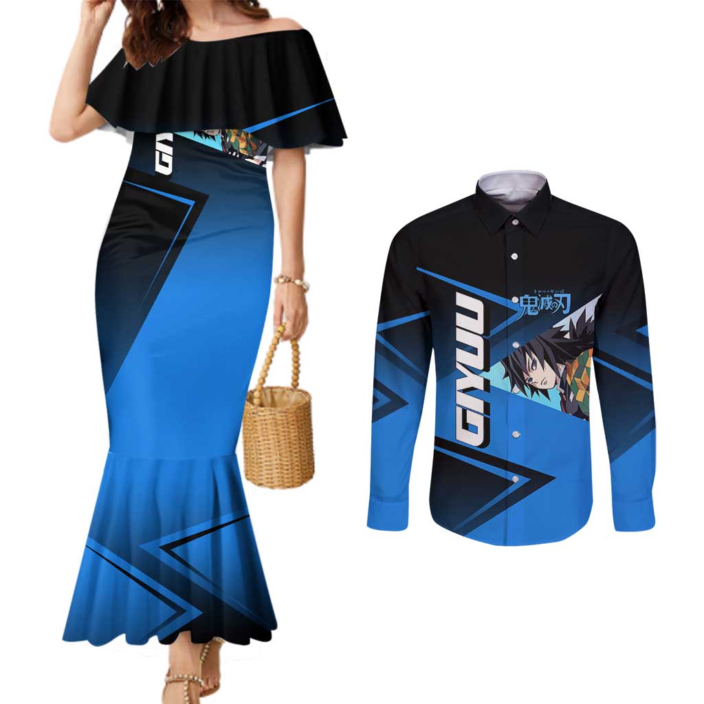 Giyuu Tomioka Water Serve Couples Matching Mermaid Dress and Long Sleeve Button Shirt Sporty Anime Mashup Style