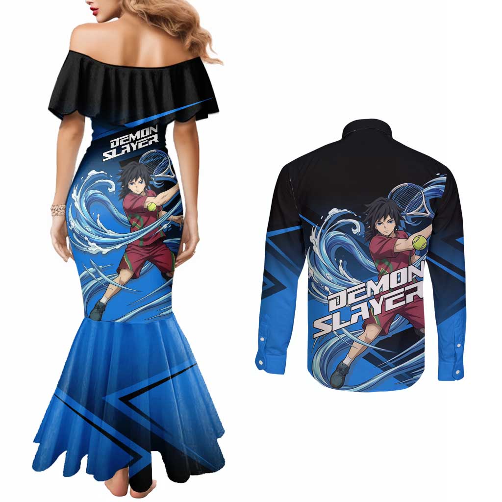 Giyuu Tomioka Water Serve Couples Matching Mermaid Dress and Long Sleeve Button Shirt Sporty Anime Mashup Style