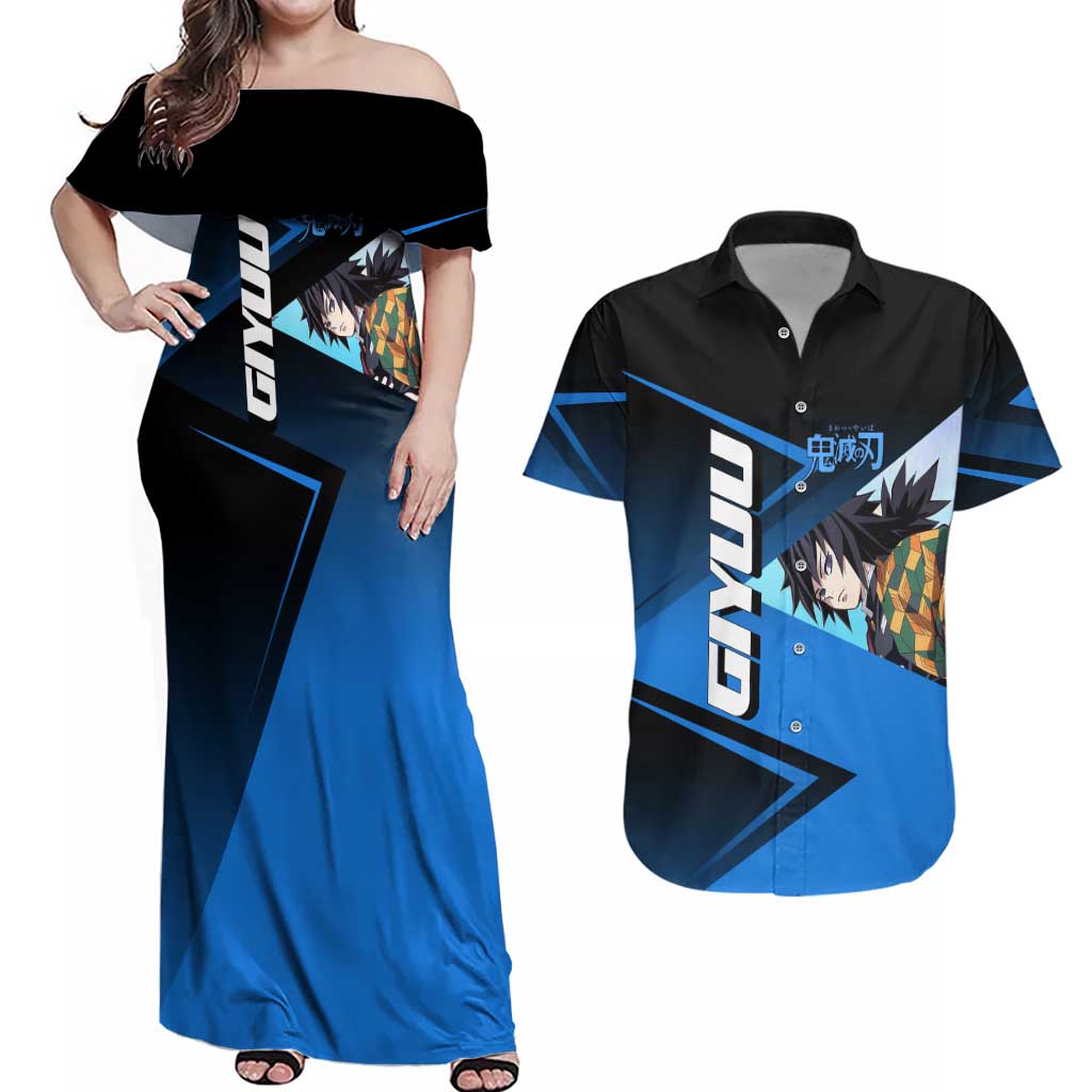 Giyuu Tomioka Water Serve Couples Matching Off Shoulder Maxi Dress and Hawaiian Shirt Sporty Anime Mashup Style