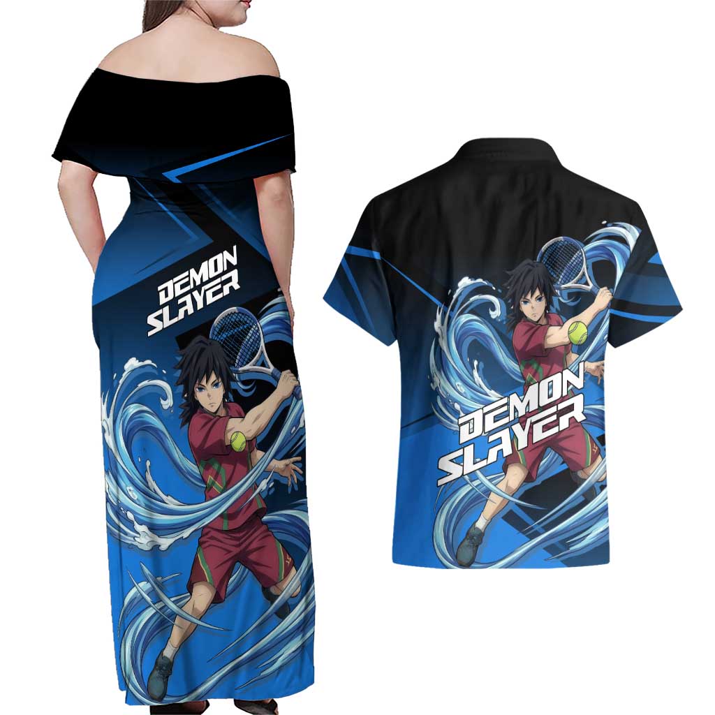 Giyuu Tomioka Water Serve Couples Matching Off Shoulder Maxi Dress and Hawaiian Shirt Sporty Anime Mashup Style