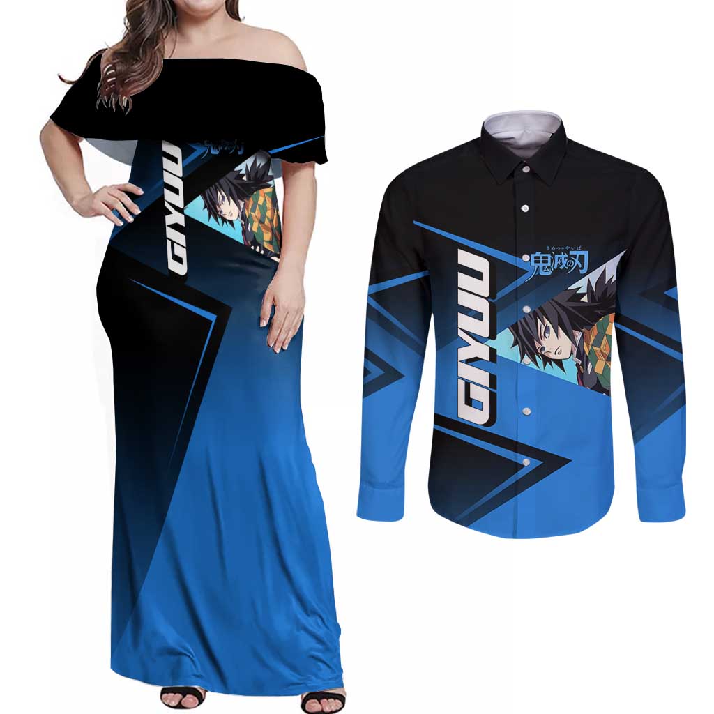 Giyuu Tomioka Water Serve Couples Matching Off Shoulder Maxi Dress and Long Sleeve Button Shirt Sporty Anime Mashup Style