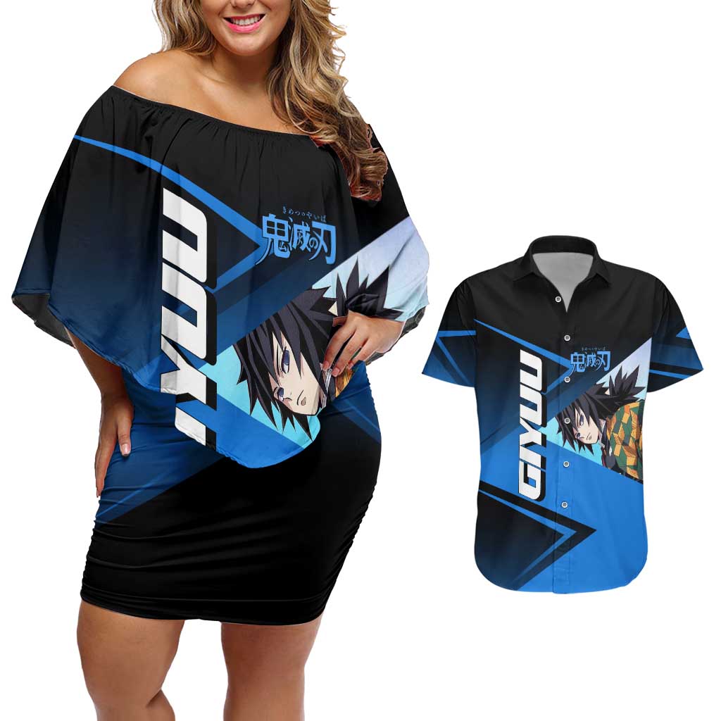 Giyuu Tomioka Water Serve Couples Matching Off Shoulder Short Dress and Hawaiian Shirt Sporty Anime Mashup Style