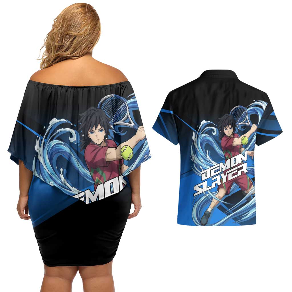 Giyuu Tomioka Water Serve Couples Matching Off Shoulder Short Dress and Hawaiian Shirt Sporty Anime Mashup Style