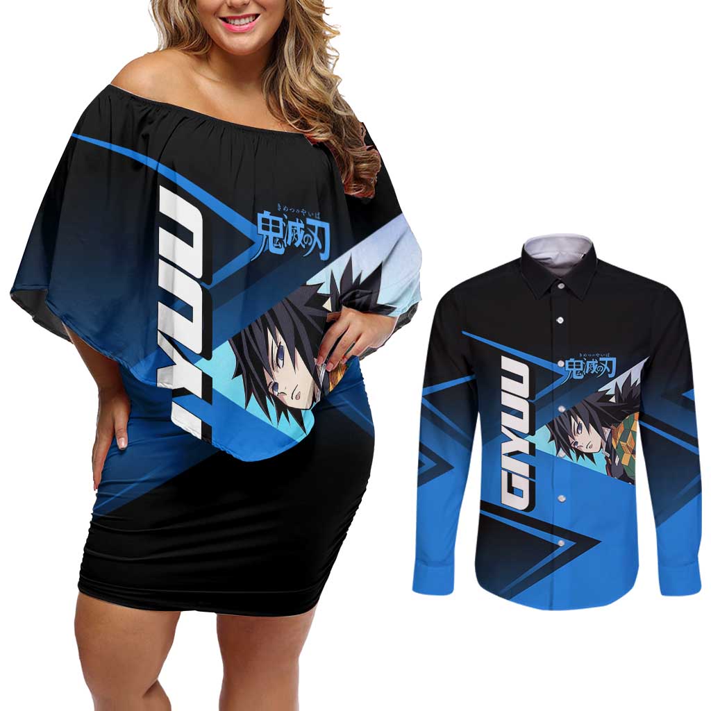 Giyuu Tomioka Water Serve Couples Matching Off Shoulder Short Dress and Long Sleeve Button Shirt Sporty Anime Mashup Style