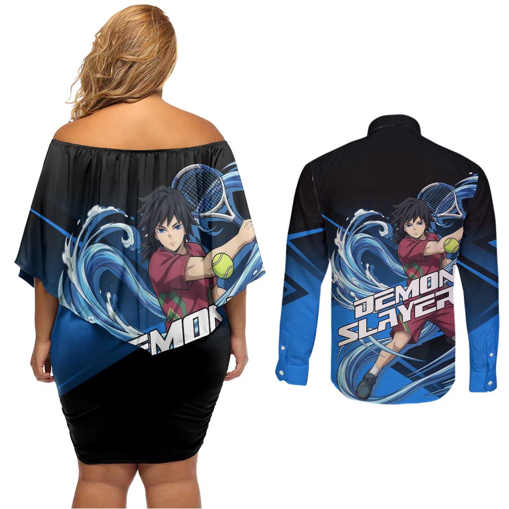 Giyuu Tomioka Water Serve Couples Matching Off Shoulder Short Dress and Long Sleeve Button Shirt Sporty Anime Mashup Style