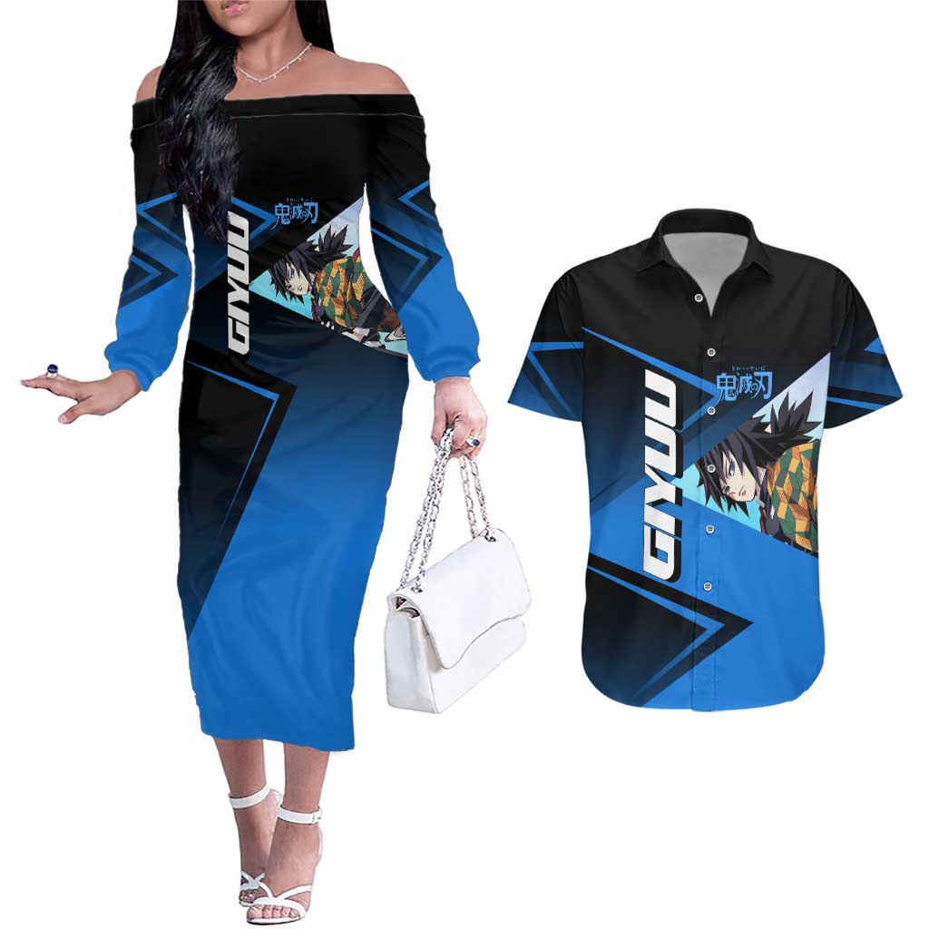 Giyuu Tomioka Water Serve Couples Matching Off The Shoulder Long Sleeve Dress and Hawaiian Shirt Sporty Anime Mashup Style