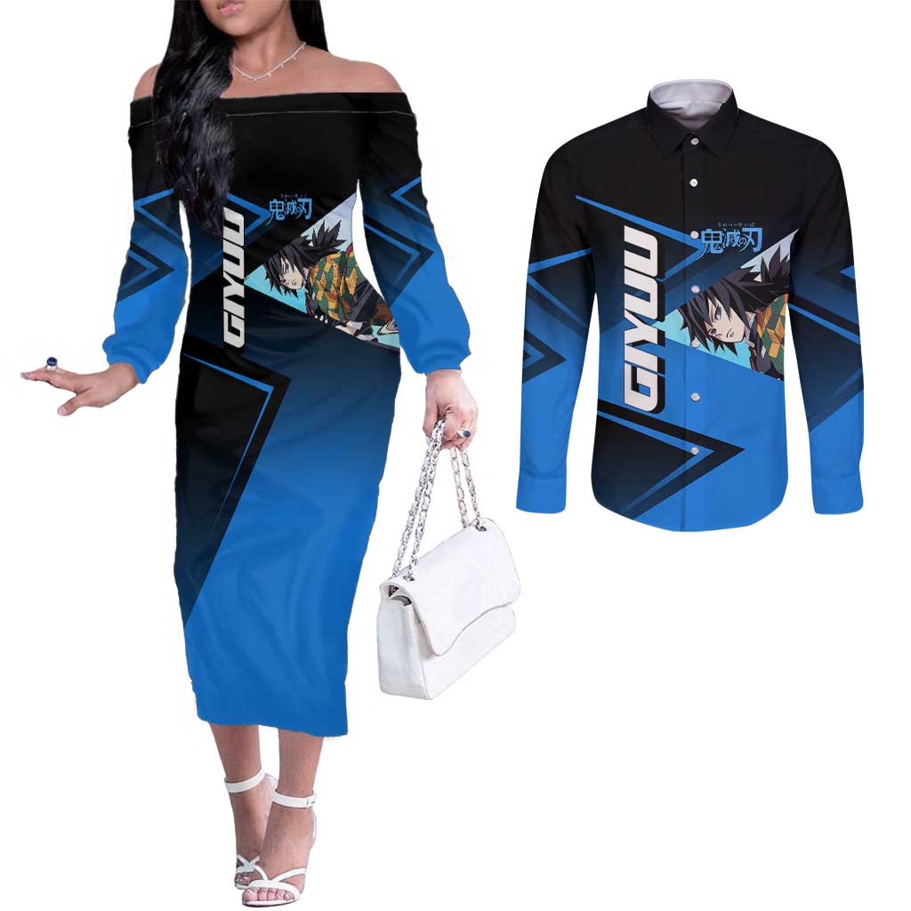 Giyuu Tomioka Water Serve Couples Matching Off The Shoulder Long Sleeve Dress and Long Sleeve Button Shirt Sporty Anime Mashup Style