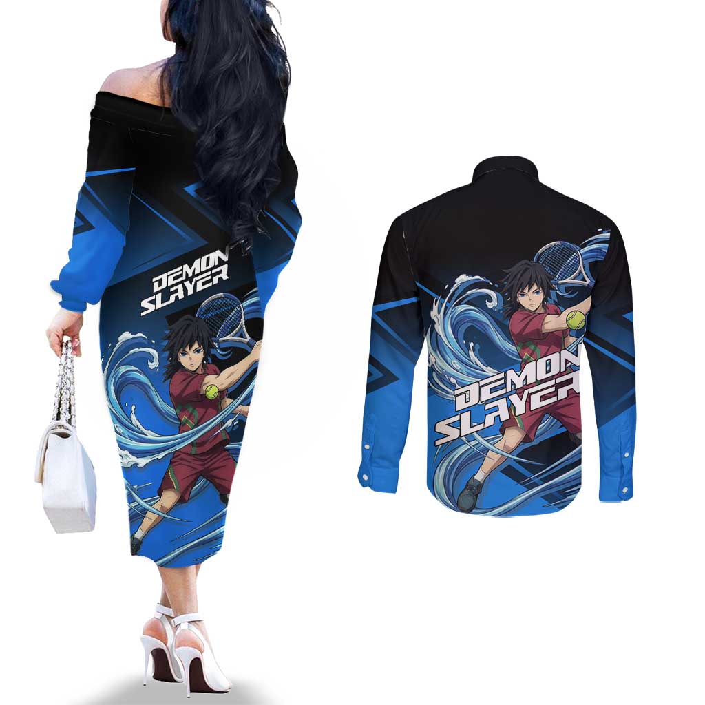 Giyuu Tomioka Water Serve Couples Matching Off The Shoulder Long Sleeve Dress and Long Sleeve Button Shirt Sporty Anime Mashup Style