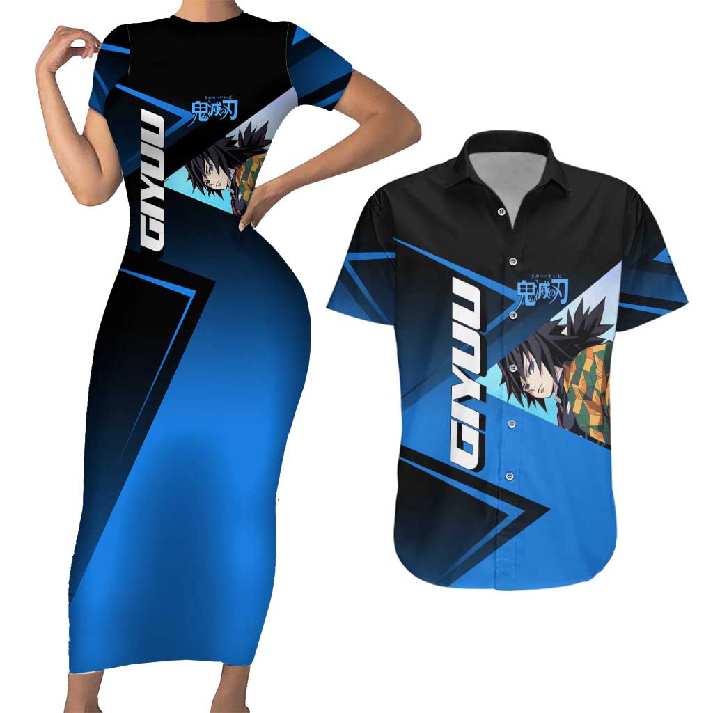 Giyuu Tomioka Water Serve Couples Matching Short Sleeve Bodycon Dress and Hawaiian Shirt Sporty Anime Mashup Style