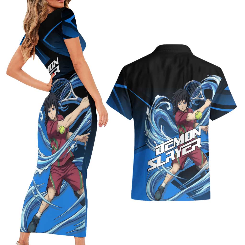 Giyuu Tomioka Water Serve Couples Matching Short Sleeve Bodycon Dress and Hawaiian Shirt Sporty Anime Mashup Style