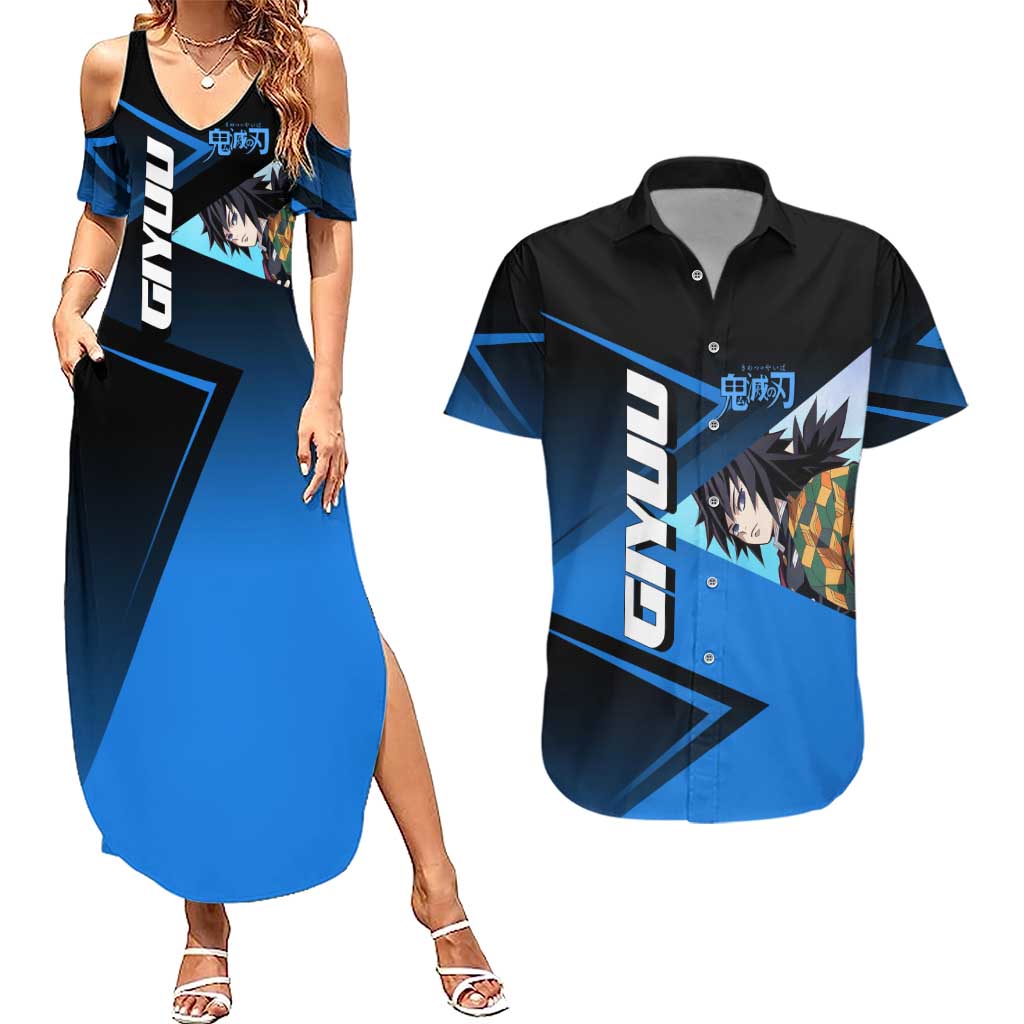 Giyuu Tomioka Water Serve Couples Matching Summer Maxi Dress and Hawaiian Shirt Sporty Anime Mashup Style