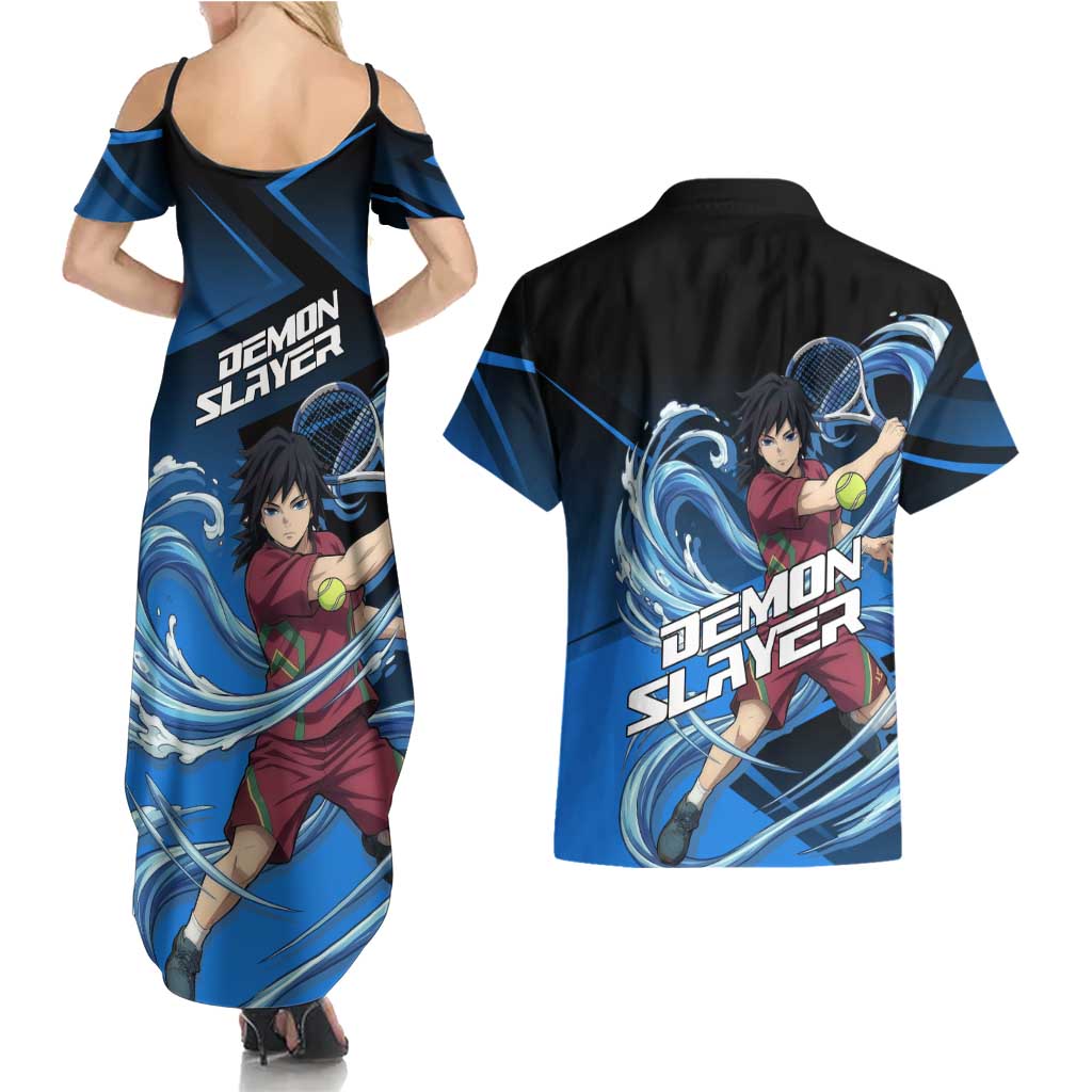 Giyuu Tomioka Water Serve Couples Matching Summer Maxi Dress and Hawaiian Shirt Sporty Anime Mashup Style