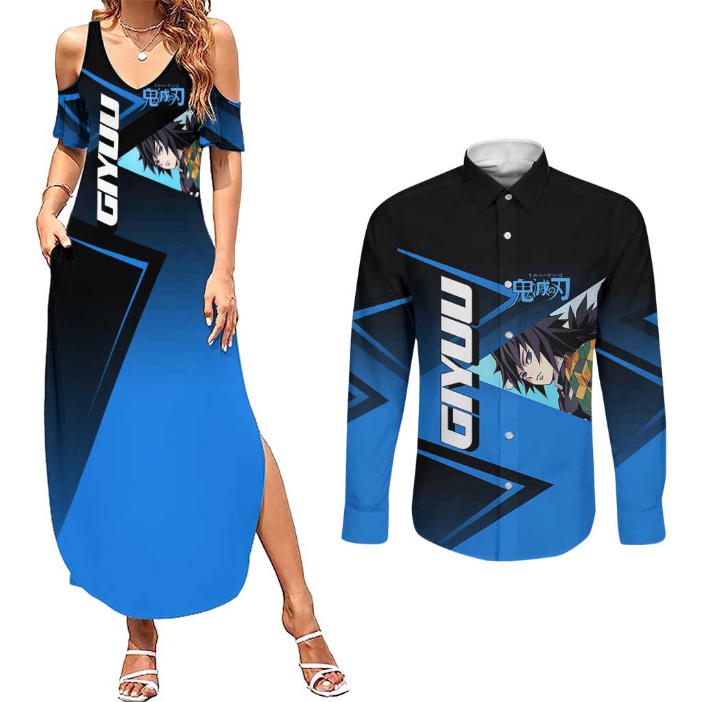 Giyuu Tomioka Water Serve Couples Matching Summer Maxi Dress and Long Sleeve Button Shirt Sporty Anime Mashup Style