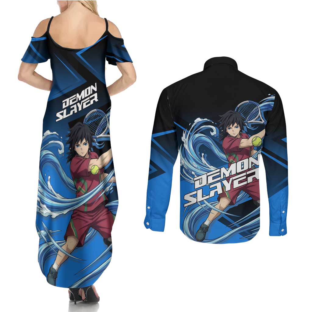 Giyuu Tomioka Water Serve Couples Matching Summer Maxi Dress and Long Sleeve Button Shirt Sporty Anime Mashup Style