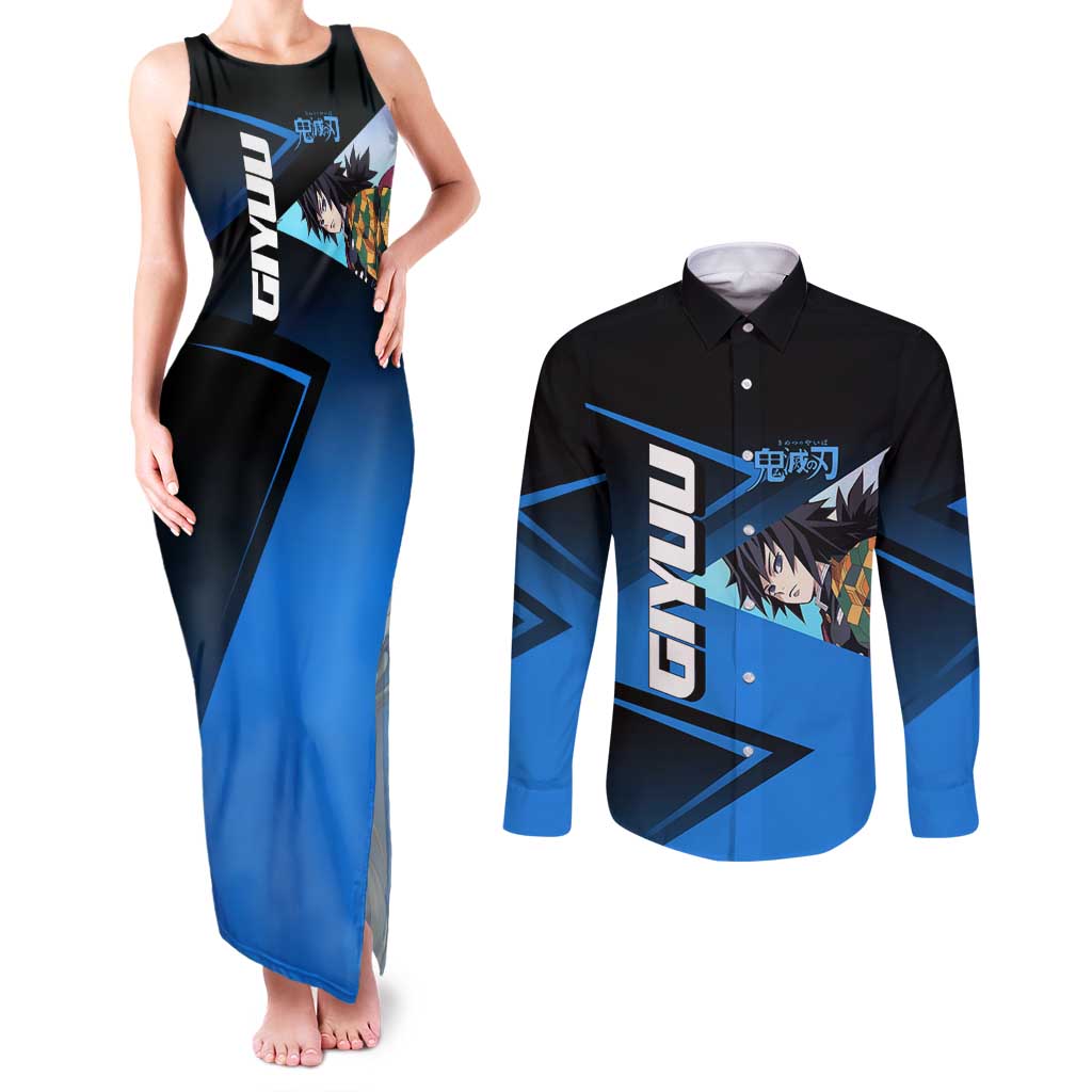 Giyuu Tomioka Water Serve Couples Matching Tank Maxi Dress and Long Sleeve Button Shirt Sporty Anime Mashup Style
