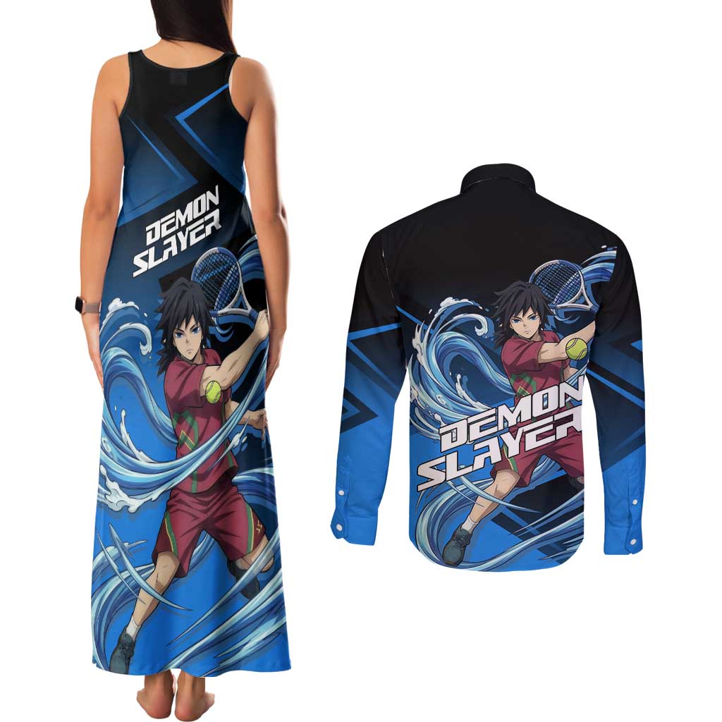Giyuu Tomioka Water Serve Couples Matching Tank Maxi Dress and Long Sleeve Button Shirt Sporty Anime Mashup Style