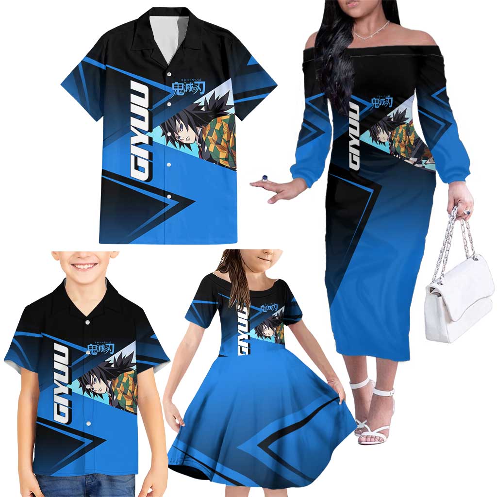 Giyuu Tomioka Water Serve Family Matching Off The Shoulder Long Sleeve Dress and Hawaiian Shirt Sporty Anime Mashup Style
