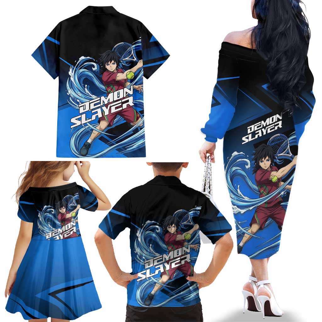 Giyuu Tomioka Water Serve Family Matching Off The Shoulder Long Sleeve Dress and Hawaiian Shirt Sporty Anime Mashup Style