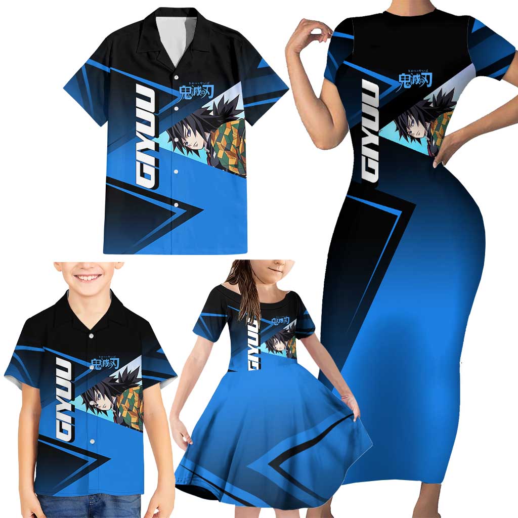 Giyuu Tomioka Water Serve Family Matching Short Sleeve Bodycon Dress and Hawaiian Shirt Sporty Anime Mashup Style