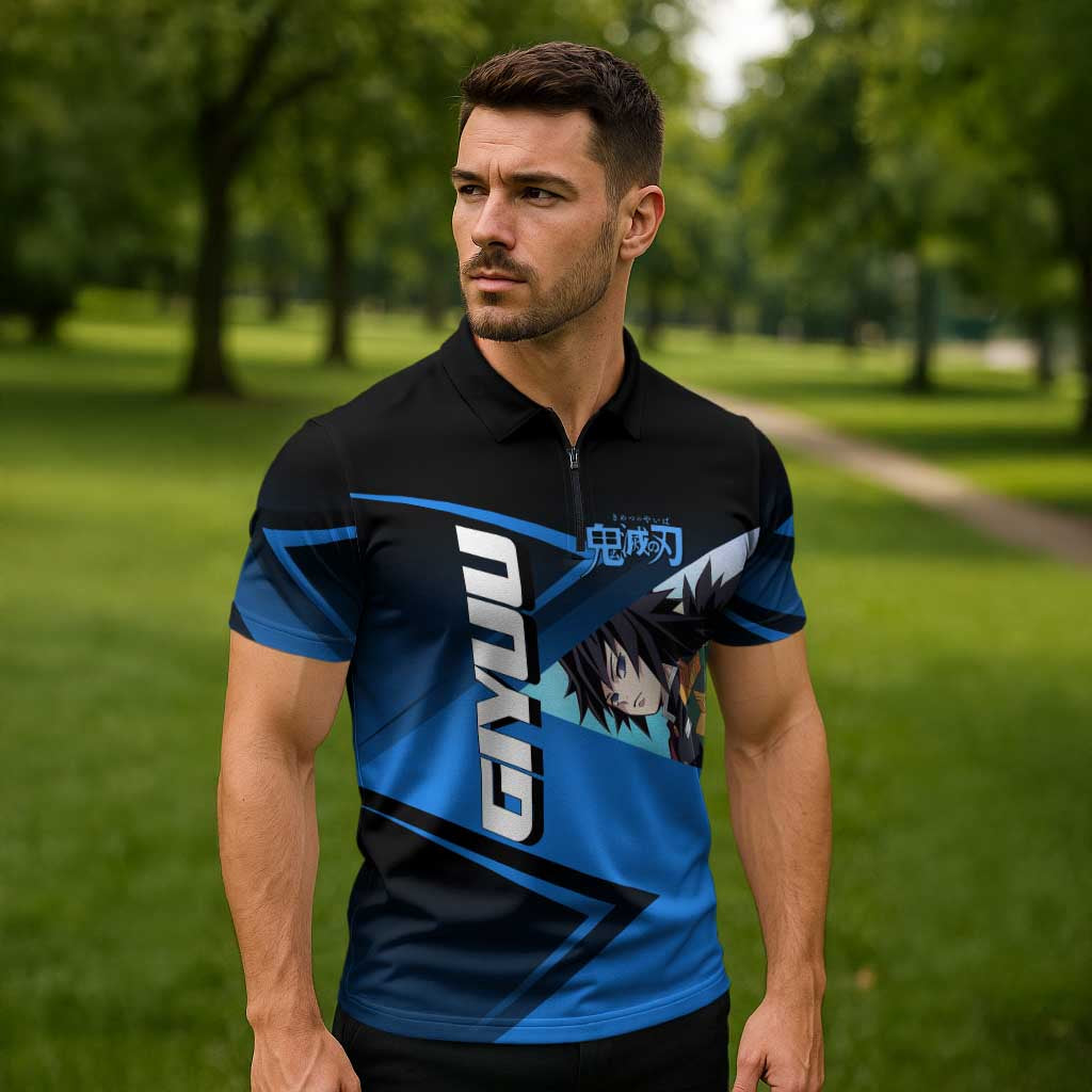 Giyuu Tomioka Water Serve Zipper Polo Shirt Sporty Anime Mashup Style