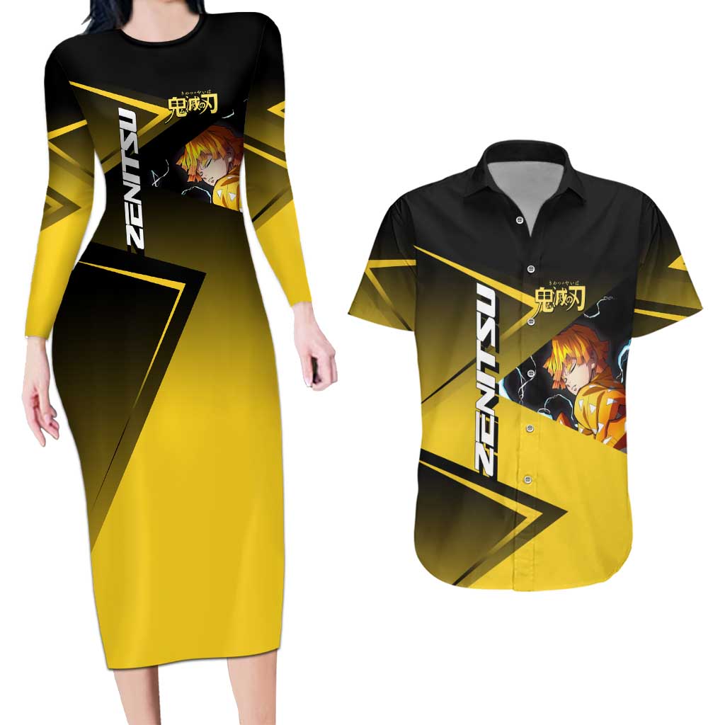 Zenitsu Agatsuma Thunder Smash Couples Matching Long Sleeve Bodycon Dress and Hawaiian Shirt Sporty Anime Mashup Style