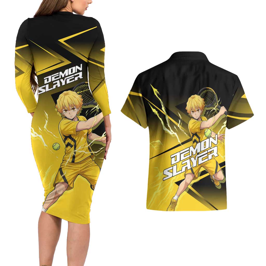 Zenitsu Agatsuma Thunder Smash Couples Matching Long Sleeve Bodycon Dress and Hawaiian Shirt Sporty Anime Mashup Style