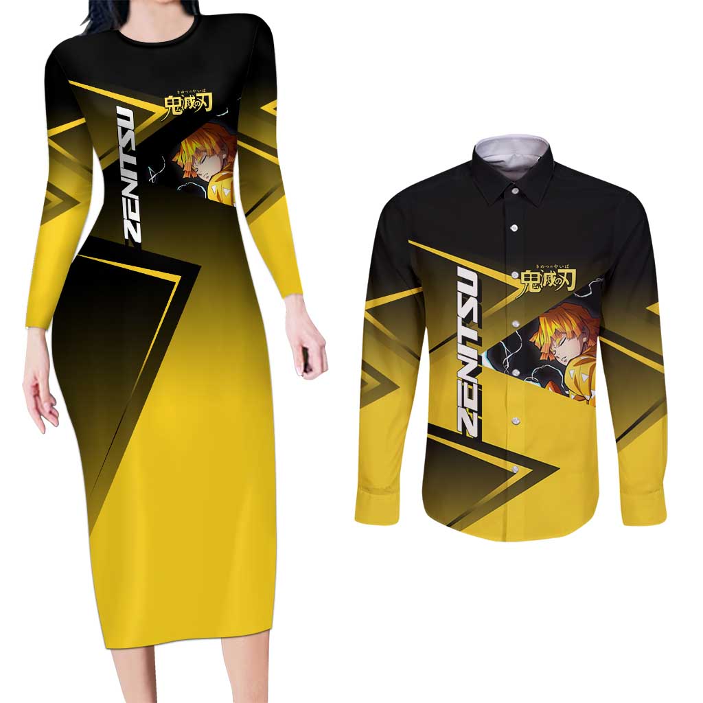 Zenitsu Agatsuma Thunder Smash Couples Matching Long Sleeve Bodycon Dress and Long Sleeve Button Shirt Sporty Anime Mashup Style