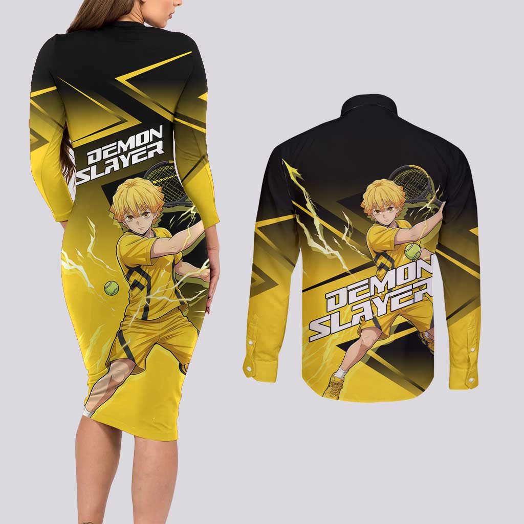 Zenitsu Agatsuma Thunder Smash Couples Matching Long Sleeve Bodycon Dress and Long Sleeve Button Shirt Sporty Anime Mashup Style