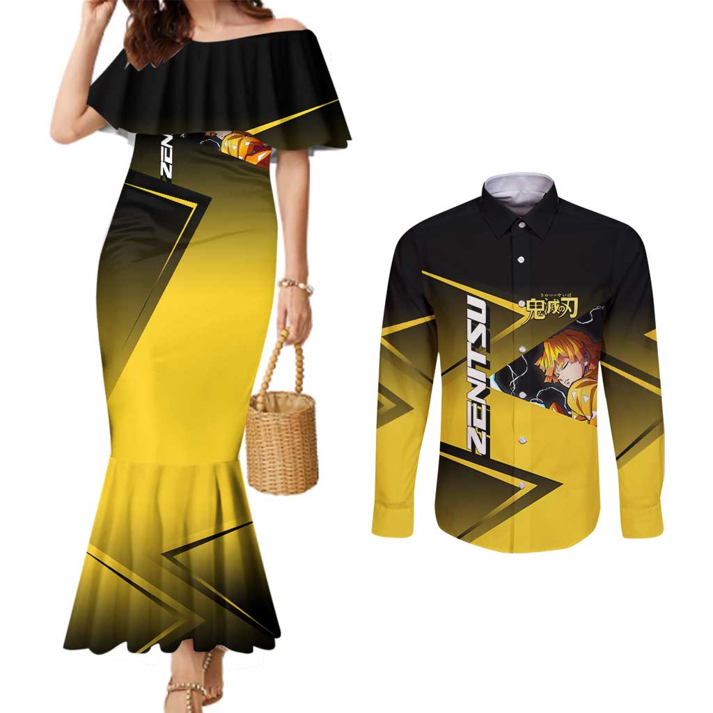 Zenitsu Agatsuma Thunder Smash Couples Matching Mermaid Dress and Long Sleeve Button Shirt Sporty Anime Mashup Style