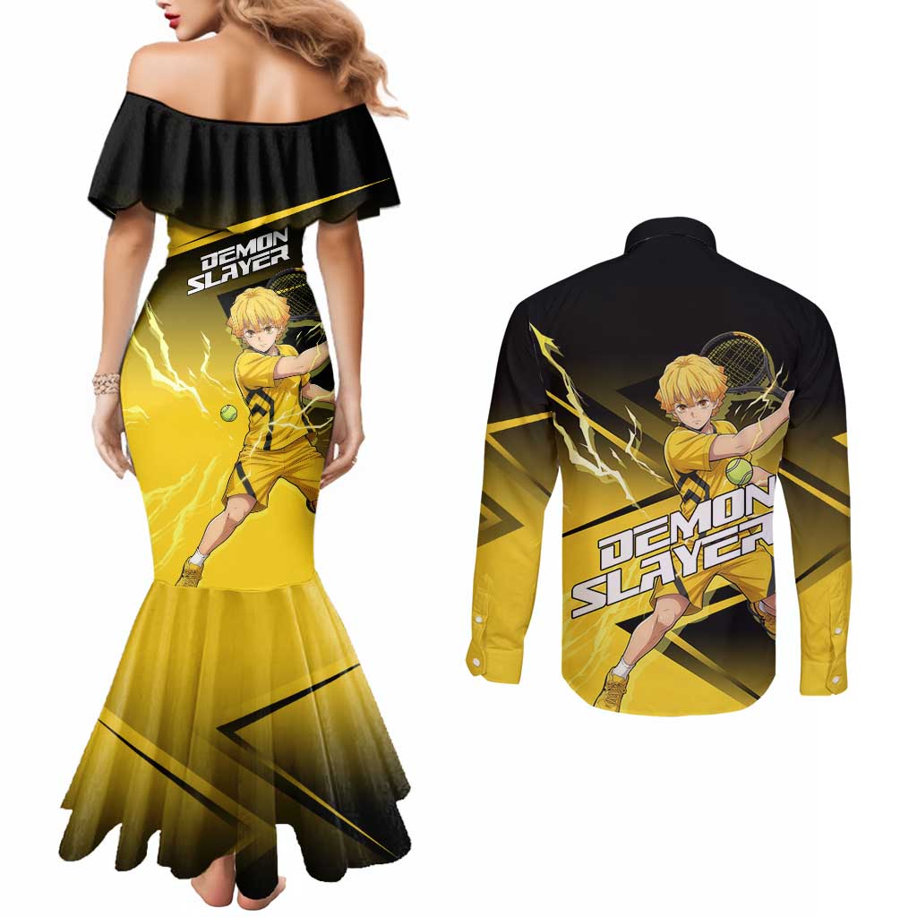 Zenitsu Agatsuma Thunder Smash Couples Matching Mermaid Dress and Long Sleeve Button Shirt Sporty Anime Mashup Style