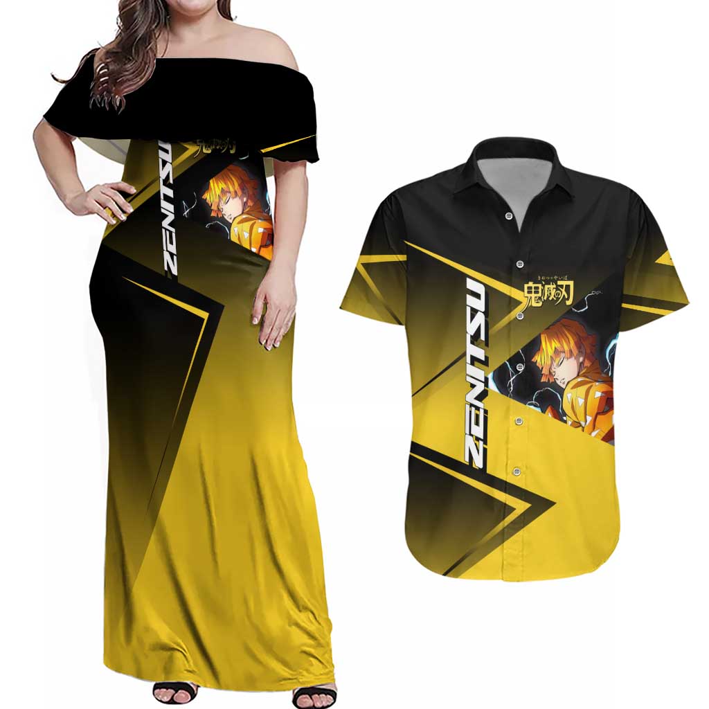 Zenitsu Agatsuma Thunder Smash Couples Matching Off Shoulder Maxi Dress and Hawaiian Shirt Sporty Anime Mashup Style