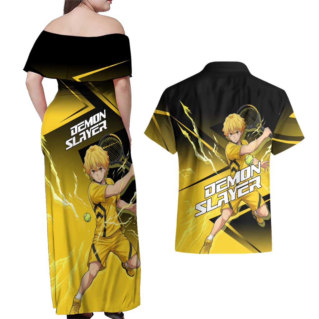 Zenitsu Agatsuma Thunder Smash Couples Matching Off Shoulder Maxi Dress and Hawaiian Shirt Sporty Anime Mashup Style