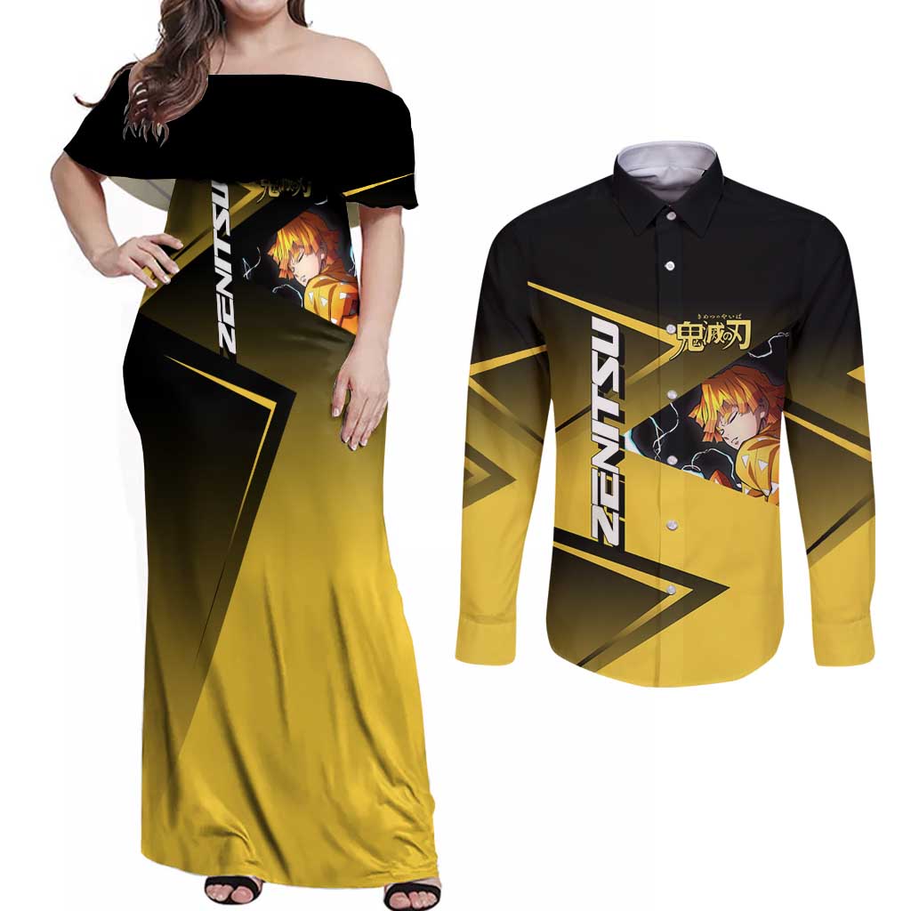 Zenitsu Agatsuma Thunder Smash Couples Matching Off Shoulder Maxi Dress and Long Sleeve Button Shirt Sporty Anime Mashup Style