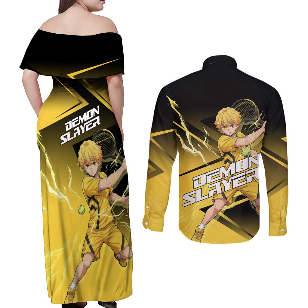 Zenitsu Agatsuma Thunder Smash Couples Matching Off Shoulder Maxi Dress and Long Sleeve Button Shirt Sporty Anime Mashup Style
