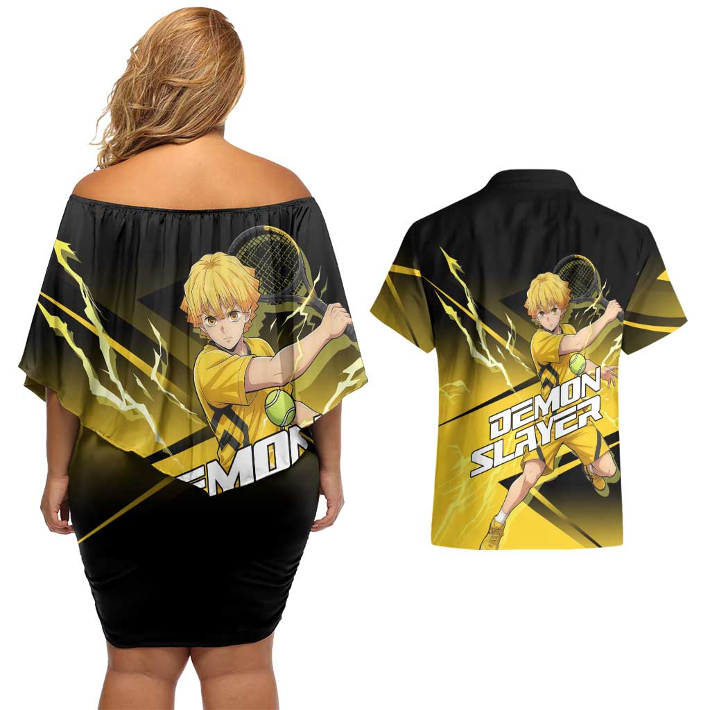 Zenitsu Agatsuma Thunder Smash Couples Matching Off Shoulder Short Dress and Hawaiian Shirt Sporty Anime Mashup Style